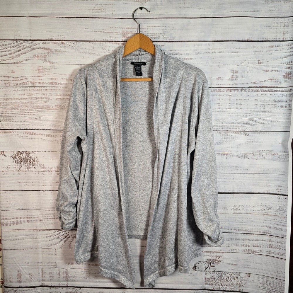 Rouge Collection Gray Open Front Cardigan 2X Ruched Sleeve Plus Size‎